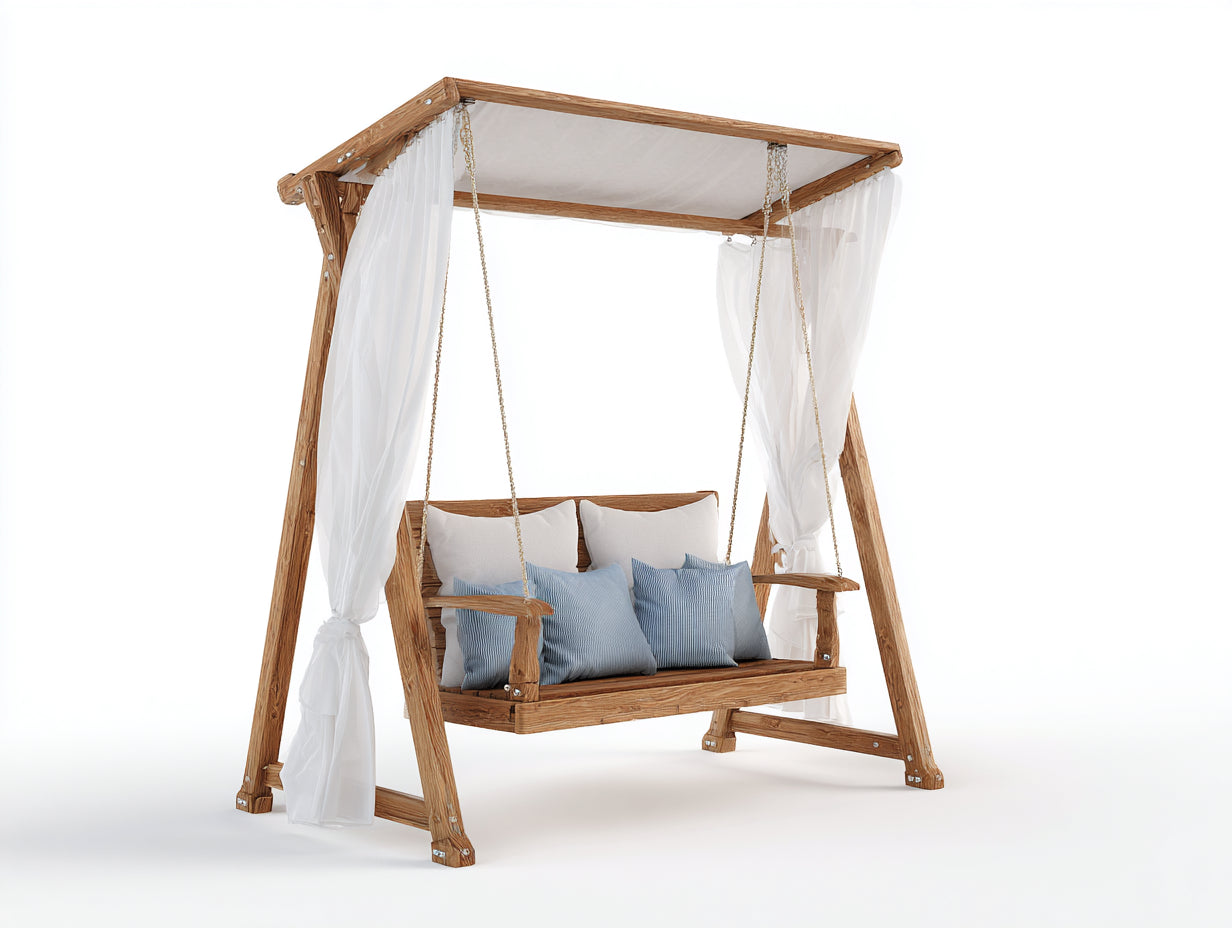 Dondolo da giardino-Legno massello-Tessuto-Metallo-220x145x230 cm-Marrone naturale-Bianco-Azzurro-Relax