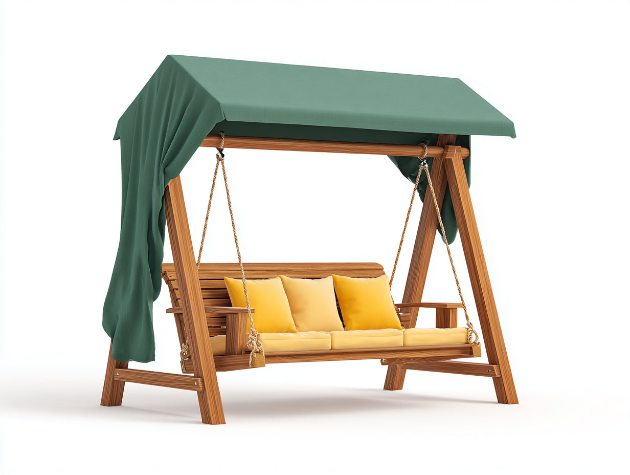 Dondolo da giardino-Legno massello-Tessuto-210x138x198 cm-Marrone naturale-Verde-Giallo-Contemporaneo